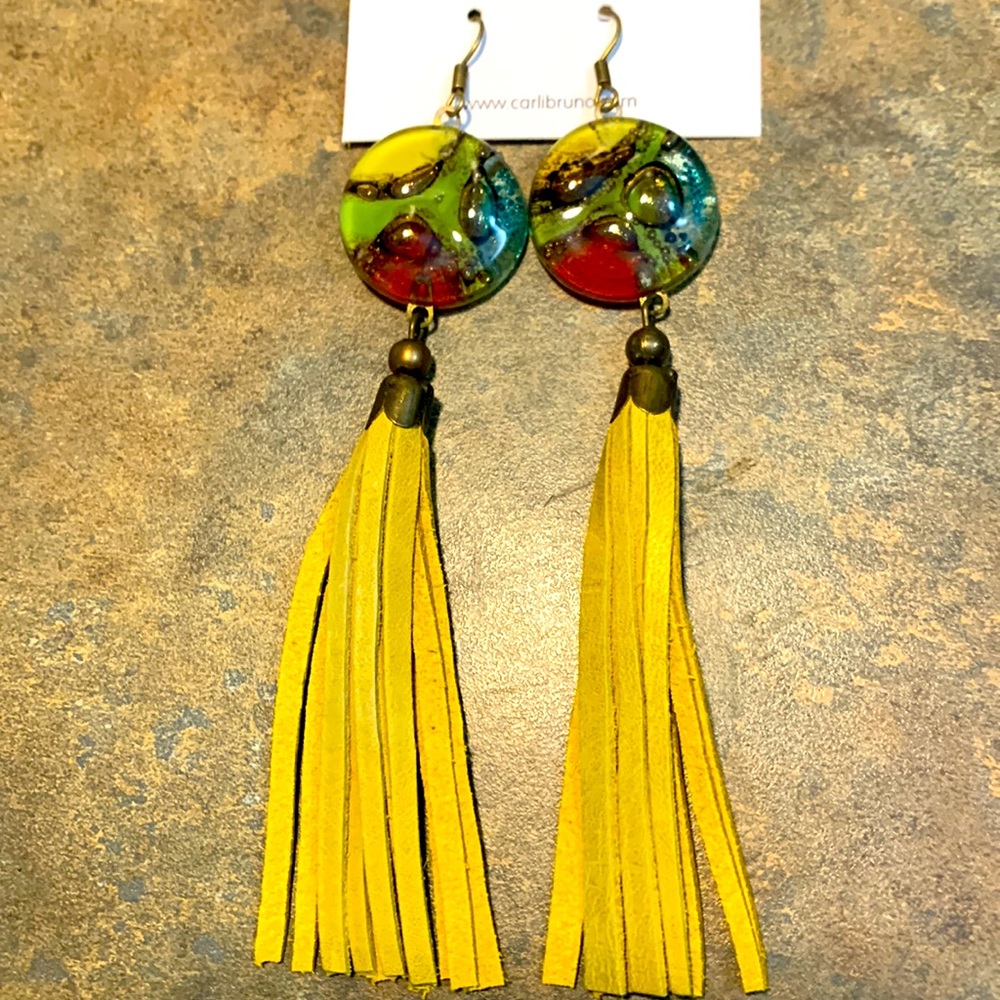 New Handmade Mustard Yellow Leather Drop Statement Earrings w/Fused Glass